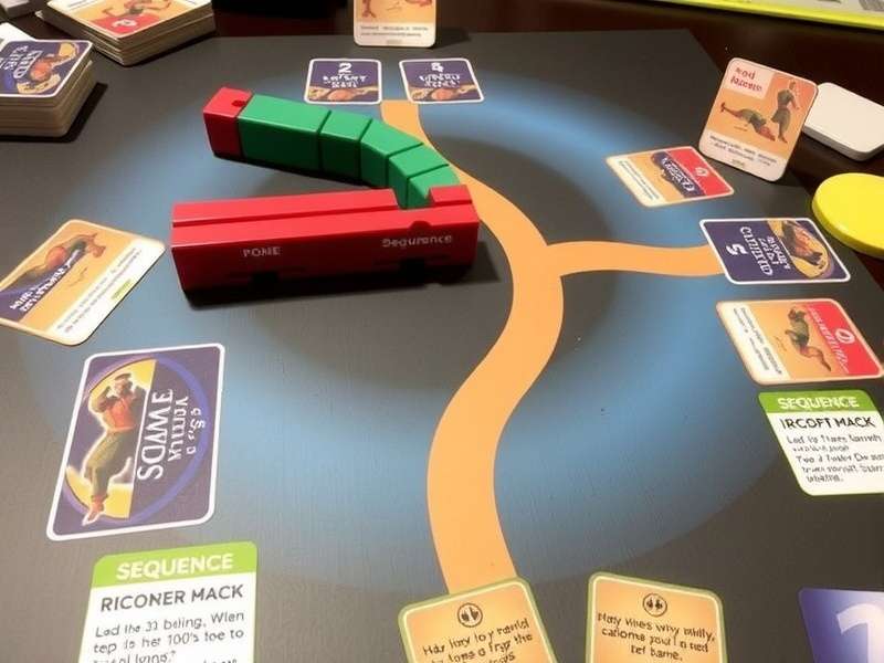 Sequence board game setup on a wooden table with red and blue chips