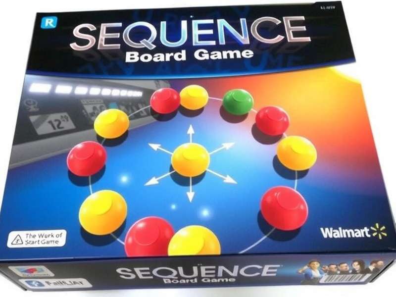 Sequence Board Game Walmart edition box with cards and chips on a wooden table