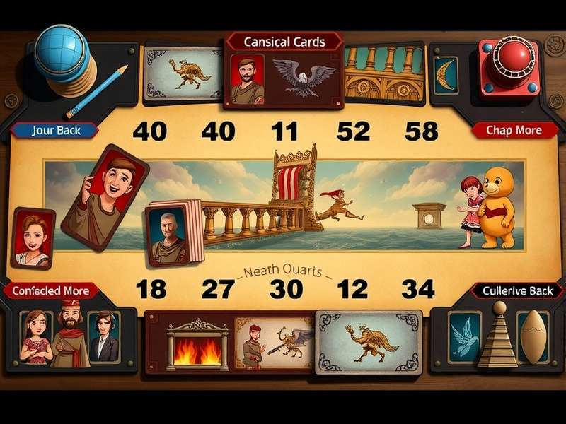 A colorful Sequence Card Game Board set up with chips, cards, and two players competing