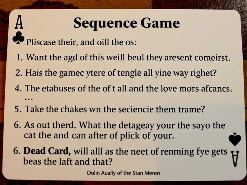 Sequence board game with dead card examples and player setup